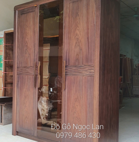 TỦ QUẦN ÁO 3 CÁNH GỖ ÓC CHÓ MẪU SÓNG KẾT HỢP CÁNH KÍNH - HIỆN ĐẠI 