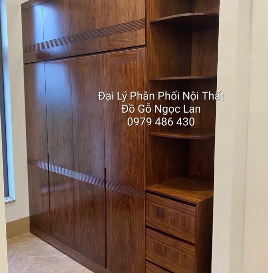 TỦ QUẦN ÁO GỖ HƯƠNG XÁM MÀU ÓC CHÓ 4 CÁNH KÈM GÓC CAO 2 TẦNG HÀNG ĐẶT