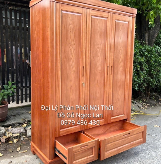 Tủ Áo 3 Cánh Gỗ Xoan Đào Cánh Trơn Đơn Giản - Hiện Đại 