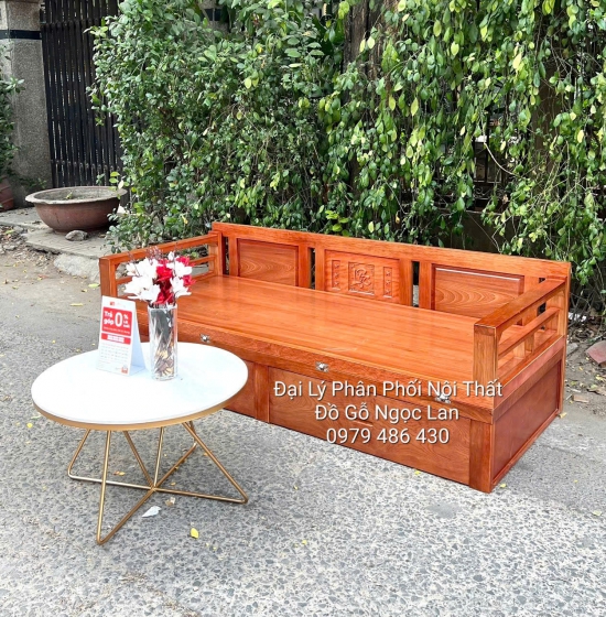 Ghế Gấp Thành Giường 2 Ngăn Kéo Gỗ Xoan Đào Kèm Bàn Trà Mặt Đá - Hiện Đại