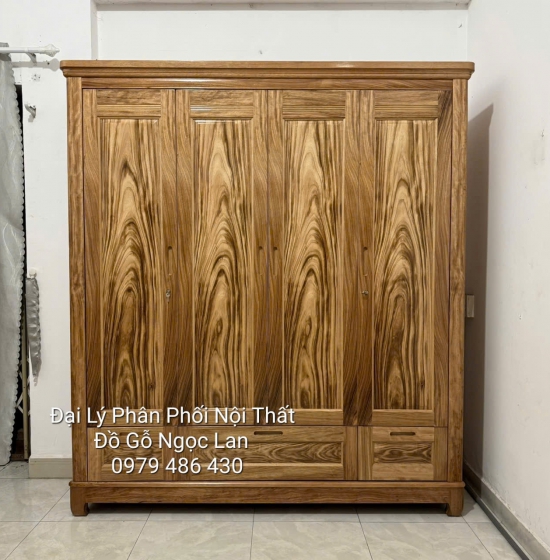 Tủ Quần Áo 4 Cánh Gỗ Hương Xám Mẫu Trơn - Hiện Đại 1m9