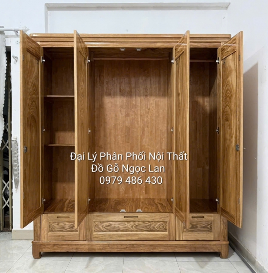 Tủ Quần Áo 4 Cánh Gỗ Hương Xám Mẫu Trơn - Hiện Đại 1m9