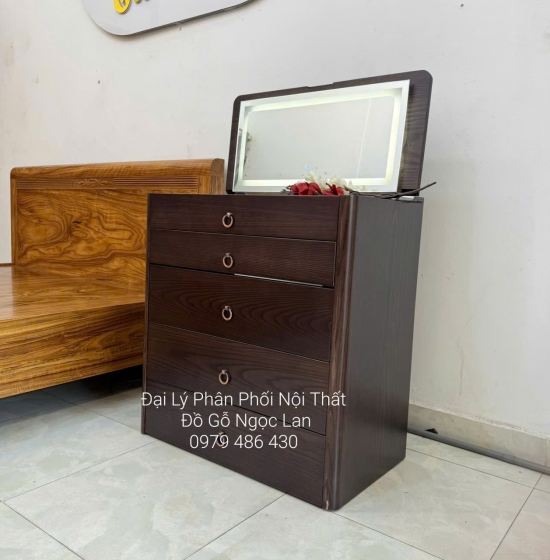Bàn Trang Điểm Thông Minh Gỗ Sồi Lau Màu Óc Chó Gương Đèn Les