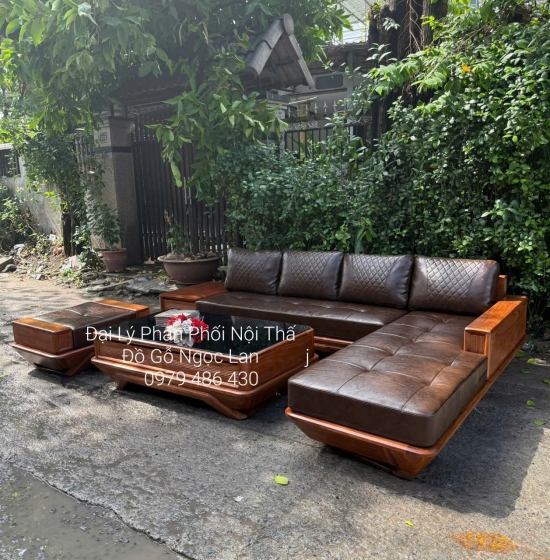  Sofa Gỗ Hương Vàng Góc L Chân Thuyền Cao Cấp Hiện Đại  3m25x2m15