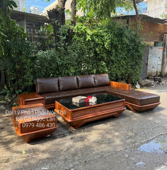  Sofa Gỗ Hương Vàng Góc L Chân Thuyền Cao Cấp Hiện Đại  3m25x2m15