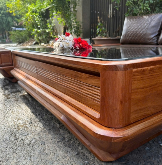  Sofa Gỗ Hương Vàng Góc L Chân Thuyền Cao Cấp Hiện Đại  3m25x2m15