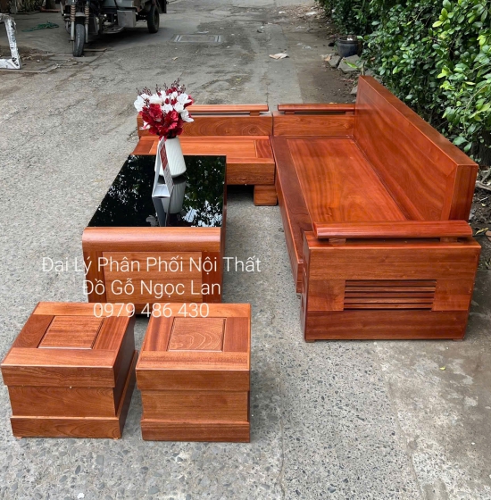 Bộ Bàn Ghế Sofa Gỗ Xoan Đào Góc L Bàn Bom Đơn Giản - Hiện Đại 