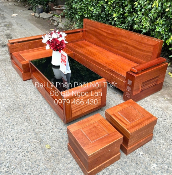 Bộ Bàn Ghế Sofa Gỗ Xoan Đào Góc L Bàn Bom Đơn Giản - Hiện Đại 