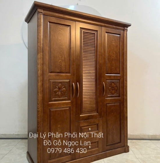 Tủ Quần Áo 3 Cánh Gỗ Sồi Màu Óc Chó Mẫu Hoa Thị Cao Cấp