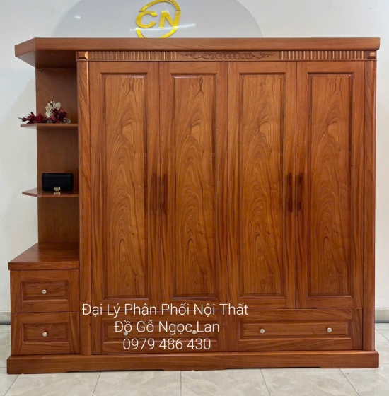 Tủ Quần Áo 4 Cánh Gỗ Hương Đá Kèm Kệ Trang Trí Vế Trái - Hiện Đại