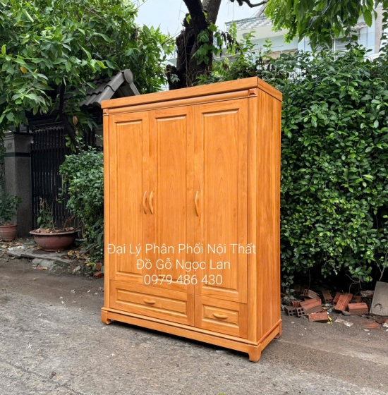 Tủ Quần Áo Gỗ Gõ Đỏ 3 Cánh 1m6 Mẫu Trơn Đơn Giản - Hiện Đại