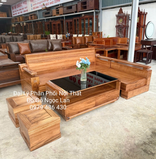 Sofa Gỗ Hương Xám Góc L Tựa Soi 2m1x1m6 Bàn Bom Hiện Đại