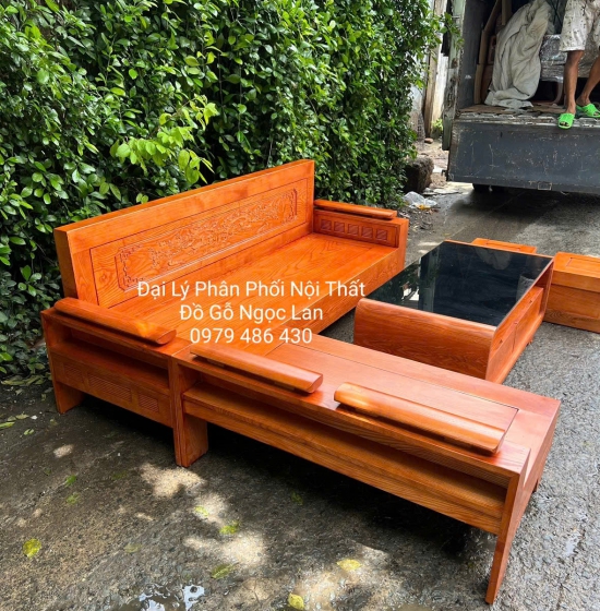 Bộ Sofa Gỗ Sồi Nga Góc L Tựa Cảnh Bàn Bom Lau Màu 2m x 1m8