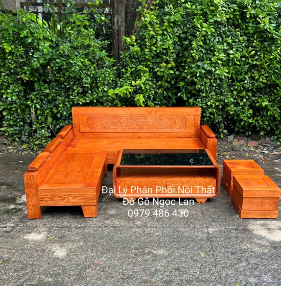 Bộ Sofa Gỗ Sồi Nga Góc L Tựa Cảnh Bàn Bom Lau Màu 2m x 1m8