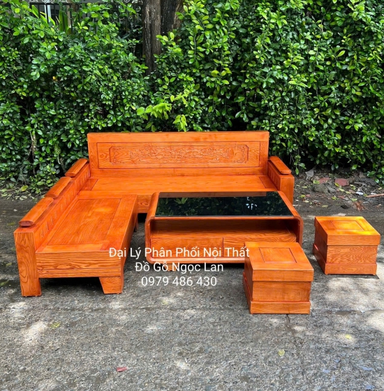 Bộ Sofa Gỗ Sồi Nga Góc L Tựa Cảnh Bàn Bom Lau Màu 2m x 1m8