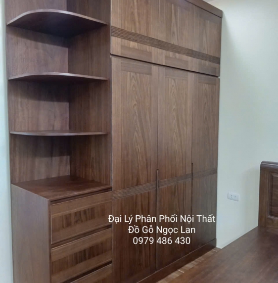 Tủ Quần Áo Gỗ Mun 3 Cánh Kèm Kệ Trang Trí Vế Trái Cao 2 Tầng - Hiện Đại 