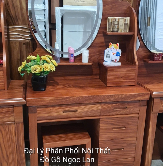 Bàn Trang Điểm Gỗ Cẩm Vân 80CM Gương Hộp Đèn Les Nhiều Ngăn Kéo, Tiện Lợi