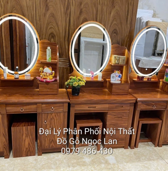 Bàn Trang Điểm Gỗ Cẩm Vân 1M Gương Hộp Đèn Les