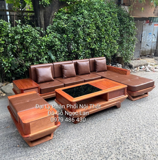 Bộ Ghế Sofa Gỗ Xoan Đào Chân Thuyền Góc L Kèm Nệm Cao Cấp