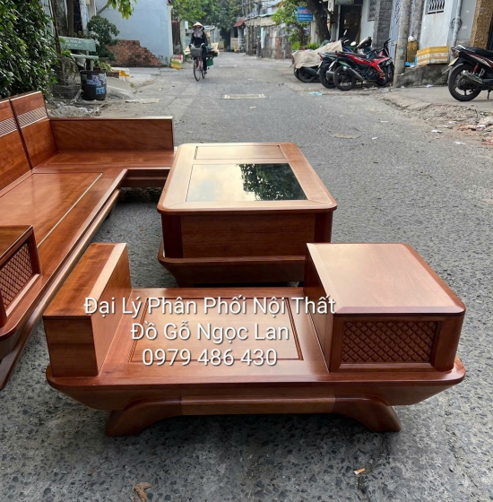 Ghế Sofa Gỗ Xoan Đào Góc L Chân Thuyền, Tựa Soi 2m9x1m8 