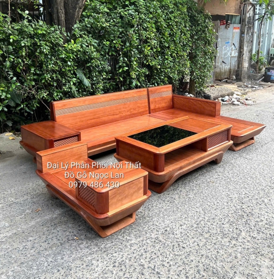 Bộ Ghế Sofa Gỗ Xoan Đào Chân Thuyền Góc L Kèm Nệm Cao Cấp