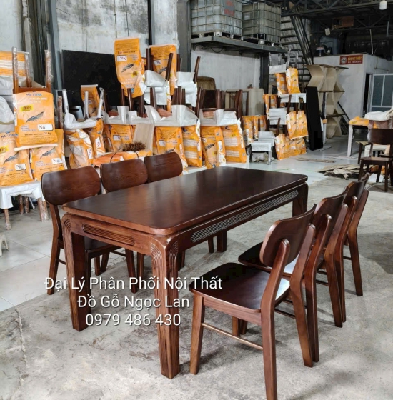 Bàn Ăn Gỗ Sồi Nga 6 Ghế Chân Soi Màu Óc Chó - Hiện Đại 