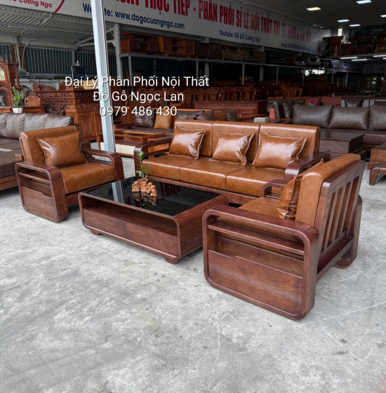 Sofa Gỗ Sồi Nga Lau Màu Óc Chó Tay Vòng Nệm Da Cao Cấp - 4 Chi Tiết 