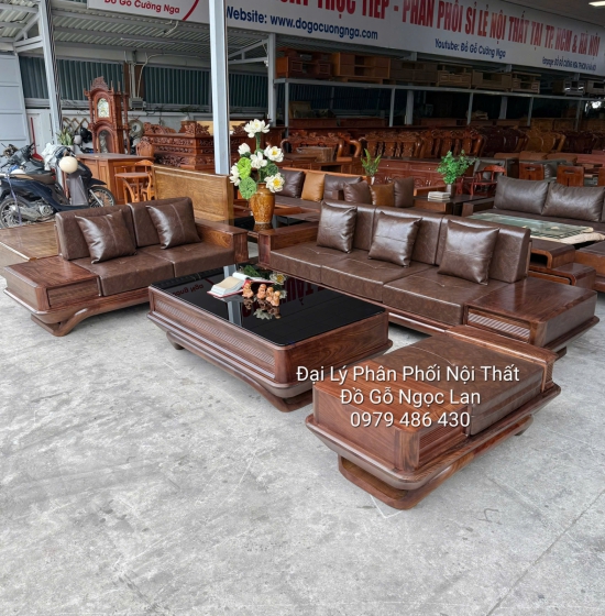Bộ Sofa 2 Văng Chân Thuyền Gỗ Sồi Nga Màu Óc Chó Cao Cấp - Vế Trái