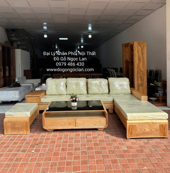 Ghế Sofa Gỗ Sồi Nga Chân Cuốn Màu Tự Nhiên Góc L 2m8 x 1m8