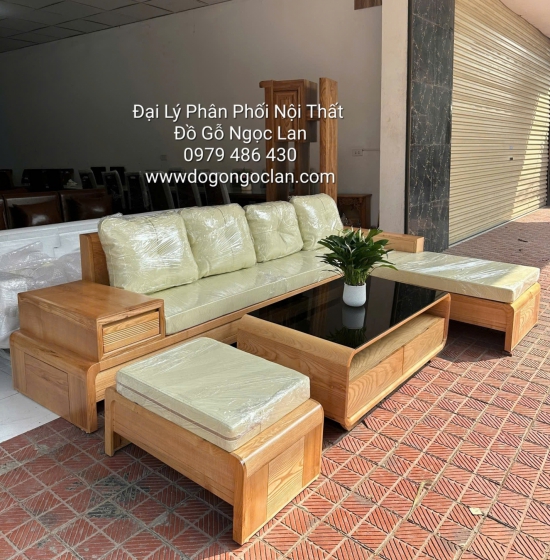 Ghế Sofa Gỗ Sồi Nga Chân Cuốn Màu Tự Nhiên Góc L 2m8 x 1m8