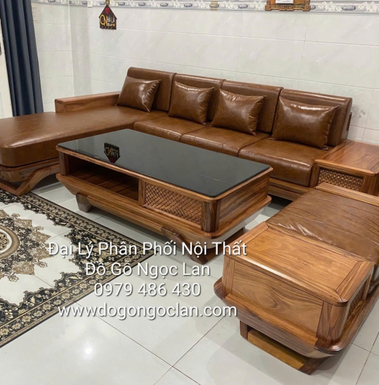 Bộ Bàn Ghế Sofa Gỗ Hương Xám Chân Thuyền Hiện Đại Kèm Nệm Góc L 