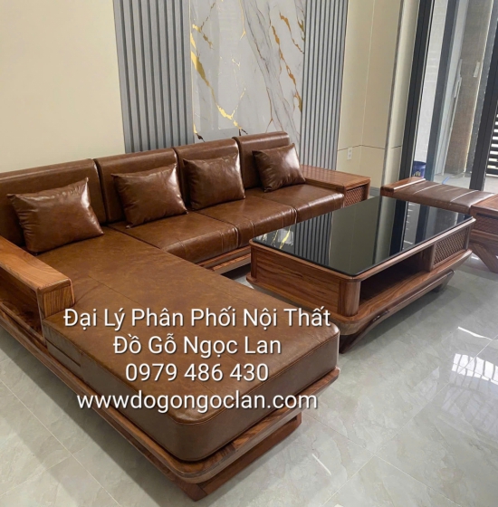 Bộ Bàn Ghế Sofa Gỗ Hương Xám Chân Thuyền Hiện Đại Kèm Nệm Góc L 