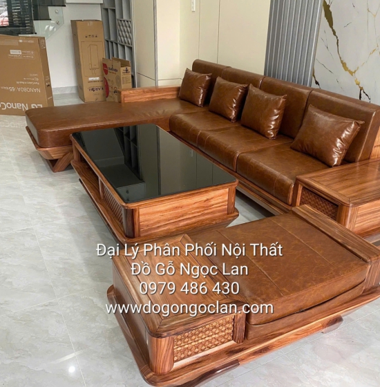 Bộ Bàn Ghế Sofa Gỗ Hương Xám Chân Thuyền Hiện Đại Kèm Nệm Góc L 