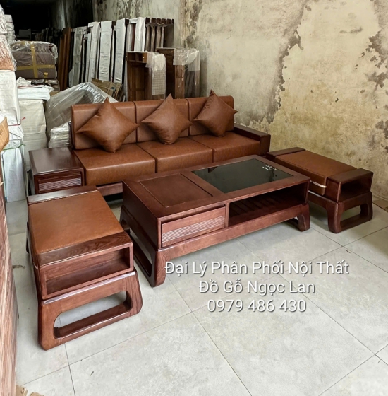 Sofa 1 Văng Choãi Màu Óc Chó Gỗ Sồi Nga 4 Chi Tiết Kèm Nệm Sang Trọng