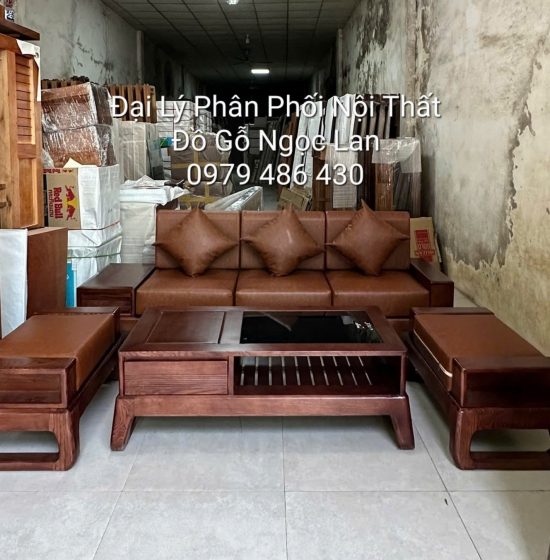 Sofa 1 Văng Choãi Màu Óc Chó Gỗ Sồi Nga 4 Chi Tiết Kèm Nệm Sang Trọng
